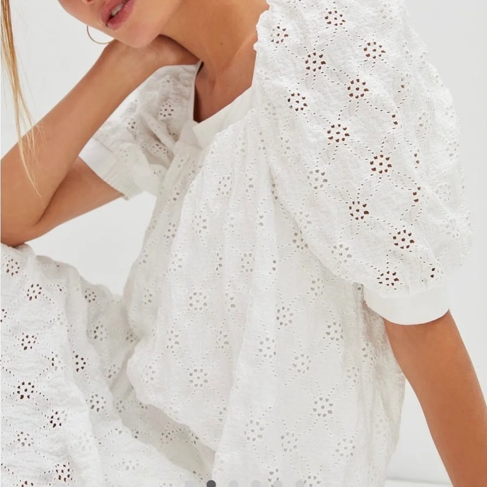 Anthropologie White Maeve‎ Puff Sleeve Eyelet Mini Dress Size S